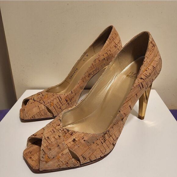 NIB Stuart Weitzman Cork Leather Peep Toe Curved Gold Heel Pumps sz.6.5 Ret $425 - Picture 6 of 14